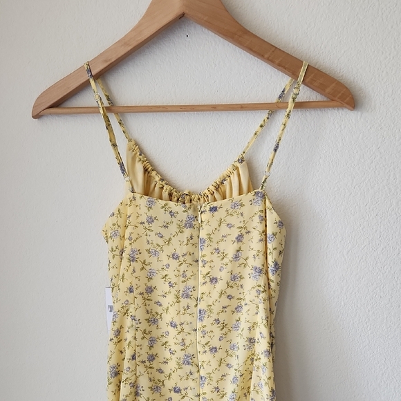 Forever 21 Yellow Ditsy Floral Mini Dress side ruching ruffle hem cami Sz S NWT - Picture 7 of 15
